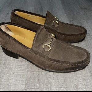 GUCCI Tom Ford Era Gold Horsebit Brown Suede Loafers Shoes Size US 9D